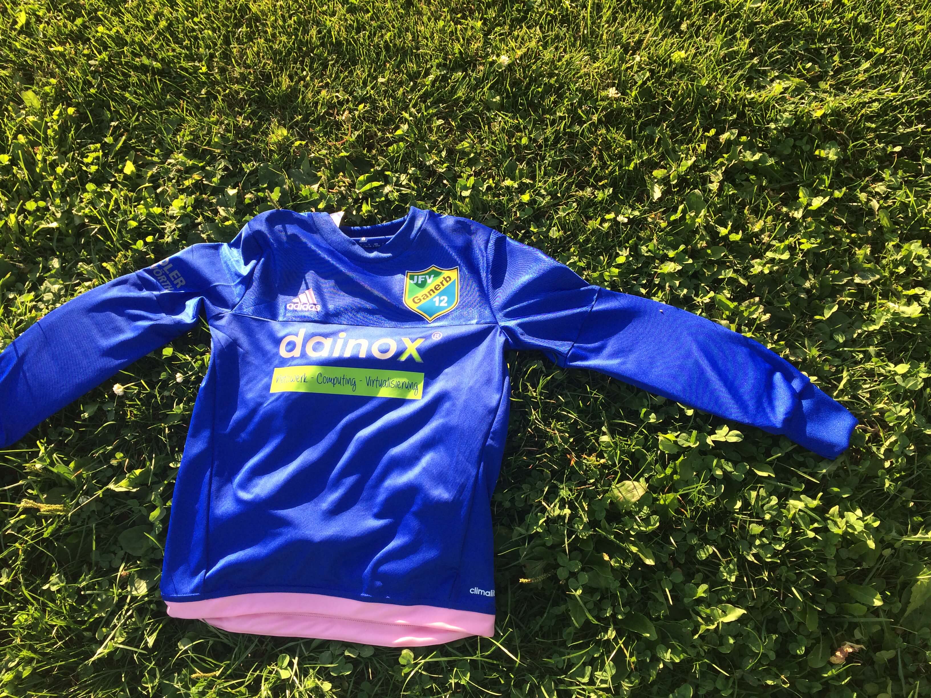 blaues dainox Trikot liegt auf grünen Rasen